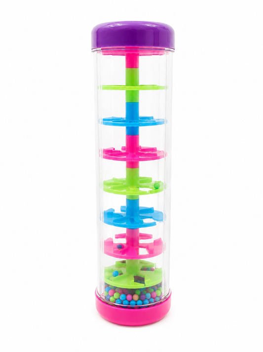 Tubo de Lluvia Sensorial transparente con plataformas de colores y bolitas ALMABÚ