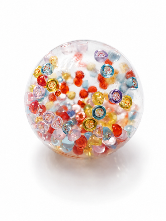 Bola Blanda Antiestrés Sensorial transparente con confetti de colores ALMABÚ