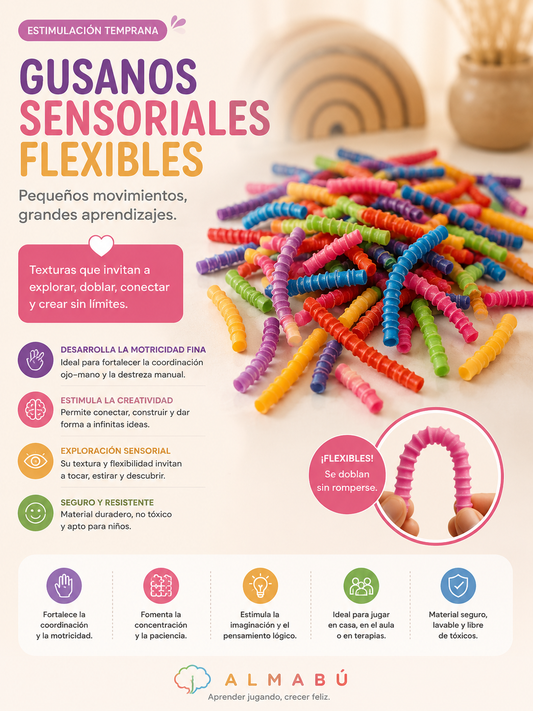 Gusanos Sensoriales Flexibles ALMABÚ – Motricidad Fina y Juego Sensorial