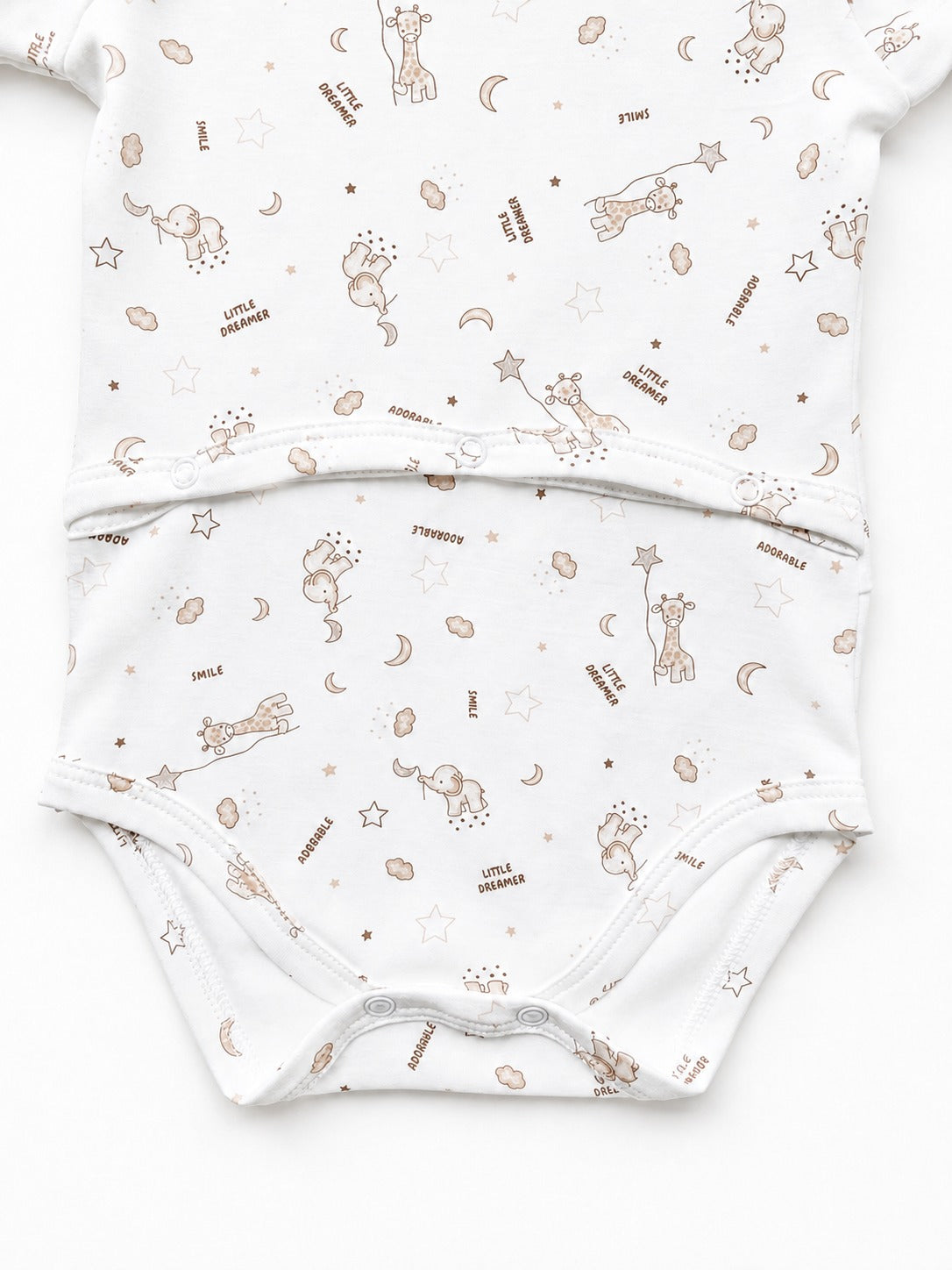 Body adaptativo bebé ALMABÚ - detalle estampado elefante y jirafa